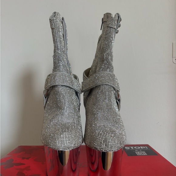 Pleaser Silver Rhinestone Platform Heeled Ankle Boots - Picture 2 of 6